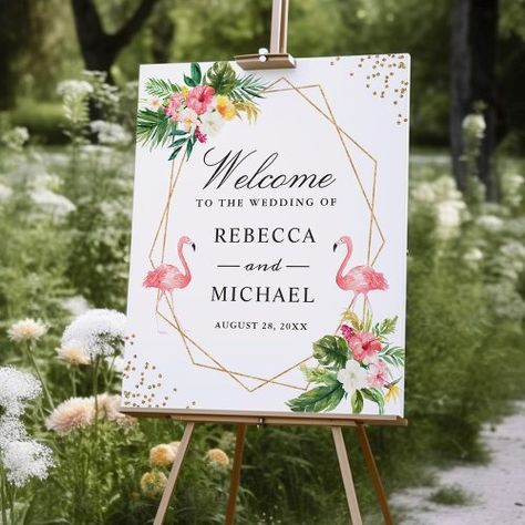 $21.35 | Tropical Floral Flamingos Wedding Welcome Sign #wedding sign, wedding, floral, reception, watercolor, tropical, flamingos, gold, frame, luau Flamingo Wedding Decor, Miami Chic, Flamingo Wedding, Summer Invitation, Engagement Decor, Welcome Sign Wedding, Havana Nights, Anniversary Sign, Watercolor Tropical