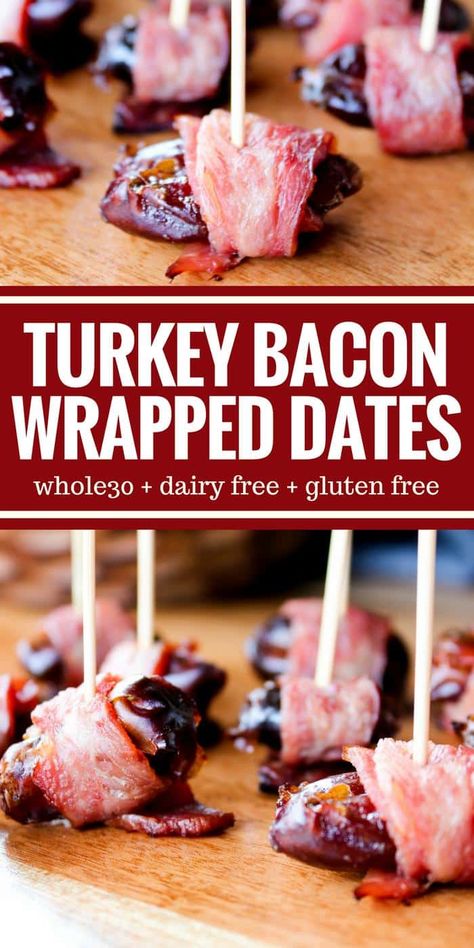 Turkey Bacon Recipes, Turkey Appetizers, Turkey Bacon Wrap, Dairy Free Appetizers, Wrapped Dates, Bacon Wrapped Dates, Bacon Appetizers, Bacon Wrapped Asparagus, Easy Meal Ideas