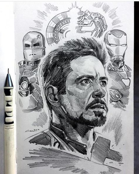 Rdj Iron Man, Iron Man Drawing, Marvel Art Drawings, Avengers Drawings, Hail Hydra, Art Du Croquis, First Sketch, Avengers Art, Iron Man Art