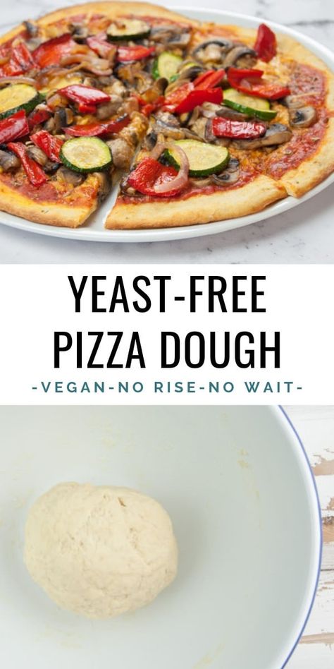 Yeast-Free Vegan Pizza Dough - No yeast = no wait time = spontaneous pizza! | ElephantasticVegan.com #pizza #crust #vegan #yeastfree #noyeast Vegan Pizza Dough Recipe, Yeast Free Recipes, Vegan Pizza Dough, No Yeast Pizza Dough, Gluten Free Pizza Dough, Pizza Lasagna, Dairy Free Pizza, Pizza Vegana, Vegan Pizza Recipe