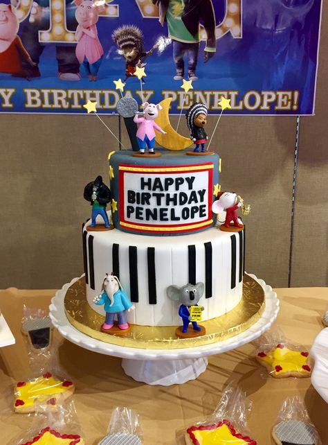 Disney's Sing the movie  cake and sugar cookies Sing 2 Birthday Cake Ideas, Sing 2 Birthday Cakes, Sing 2 Cakes, Sing Movie Birthday Cake, Sing Movie Cake Ideas, Sing Themed Birthday Cake, Sing 2 Birthday Party Cake, Sing 2 Birthday Party Decorations, Sing The Movie Birthday Party Ideas