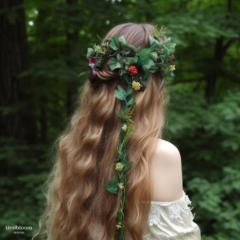 Forest hair idea made with ai for inspiration #fairyhair #elvenhair #flowersinhair Forest Hairstyles, Fairycore Hairstyle, Mystical Hair, Faerie Hair, Bridal Hair Accesories, Elven Hairstyles, Fairy Vibe, Elf Hair, Party Dress Codes