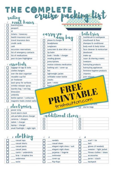 Cruise Packing List | Free Printable Complete Cruise Packing Check List that includes a detailed list of essentials, electronics, clothing and more. TrishSutton.com #freeprintable #cruise #travel Packing List Free Printable, Caribbean Cruise Packing, Cruise Packing List, Printable Packing List, European Cruises, Cruise Packing, Cruise Essentials, Sailing Cruises, Packing For A Cruise