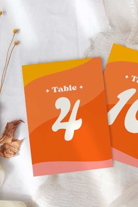 Retro groovy wedding table numbers printable Orange Summer Wedding, Number Template Printable, Place Card Table Wedding, Wedding Table Numbers Template, Free Wedding Printables, Wedding Numbers, Retro Table, Table Place Cards, Table Number Cards