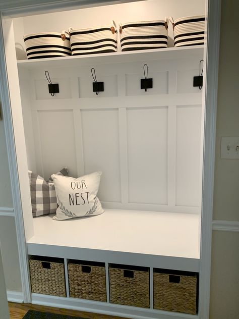 #mudroomentryway #closetdesigns  #lockerstorage #mudroomentryway #entrywayideas #entrywaybench  Converted entryway closet to mudroom type lockers and bench. Closet To Storage Bench, Board And Batten Closet Mudroom, Hall Closet To Mudroom Diy, Convert Entryway Closet, Closet With Bench Entryway, Living Room Coat Closet, Entryway Closet Built Ins, Reach In Closet Mudroom, Coat Closet Remodel Small