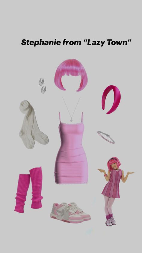 Pink dress, pink wig, Halloween costume, white sneakers, pink leg warmers, white tights Lazy Town Stephanie Costume, Pink Coquette Outfit, Lazy Halloween Costumes, Town Outfits, Lazy Halloween, Lazy Town, Coquette Outfit, Trio Halloween Costumes, Halloween Coustumes