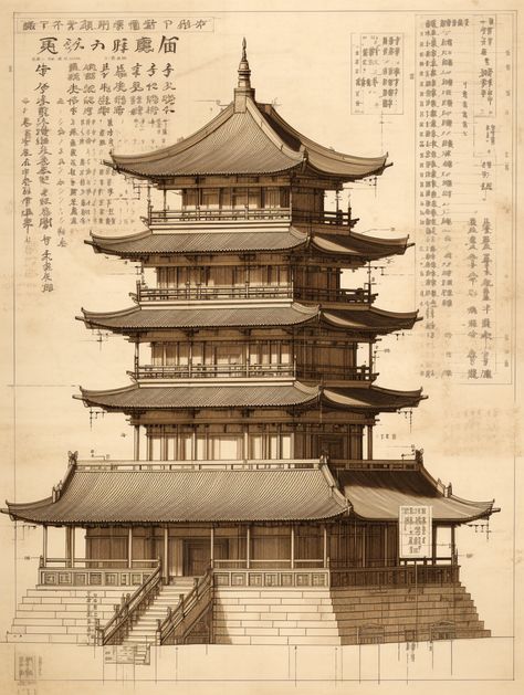 Japan Architecture Traditional, Chinese Architecture Drawing, Japanese Structure, Japanese Architecture Drawings, Chinese Pagoda, Architecture Blueprints, Japanese Pagoda, China Architecture, Building Sketch