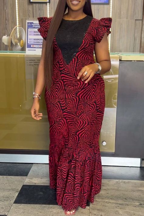 Red V-neck Maxi Dress For Banquet, Red Short Sleeve Wedding Dress, Red V-neck Midi Dress For Wedding, Red A-line Maxi Dress For Wedding, Red Floor-length Midi Dress For Wedding, Red Short Sleeve Midi Dress For Wedding, African Glamour, Ankara Long Gown Styles, Ankara Dress Styles