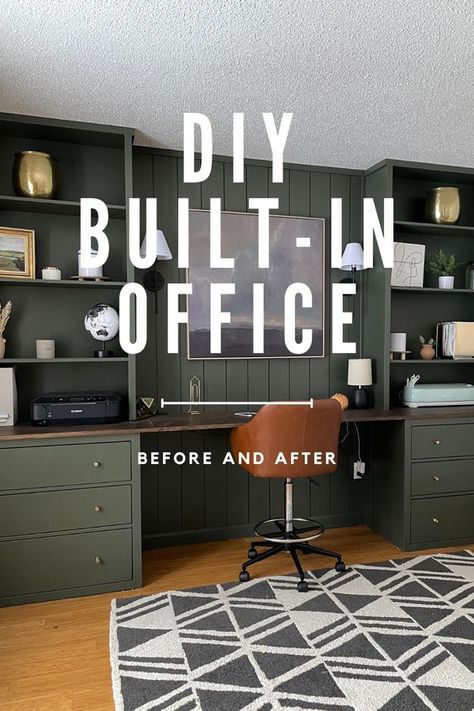 How to Create your OWN built-in office Ikea Built In Office Home Office, U Shaped Built In Desk, Build In Shelves Office, Diy Desk And Cabinets, Office Upper Cabinet Ideas, Office Redo Ideas, Grey Office Built Ins, Shelving Behind Desk, Home Office Storage Ideas Ikea Hacks