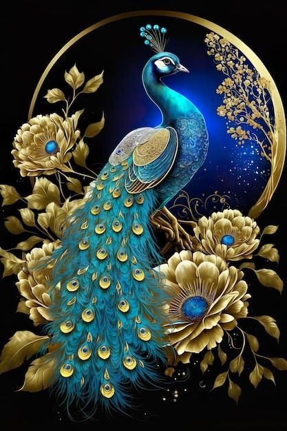 Photo beautiful blue bird peacock golden... | Premium Photo #Freepik #photo #peacock #peacock-background #luxury-floral #bird-flower Peacock Background Wallpapers, Real Peacock Images, Peacock Images Beautiful, Peacock Drawing Images, Peacock Background, Peacock Illustration, Peacock Artwork, Abstract Peacock, Bird Peacock