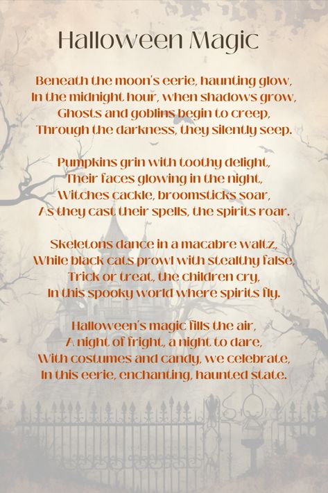 Halloween Printable Poems Halloween Poems For Adults, Spooky Poems, Horror Poems, Halloween Poems For Kids, Ghost Poems, Halloween Poetry, Oíche Shamhna, Pumpkin Poem, Halloween Sayings