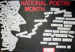 National Poetry Month Bulletin Board, Poetry Month Bulletin Board, April Poetry Month, Poetry Bulletin Board, Library Job, April Month, School Library Displays, Library Bulletin Board, Middle School Libraries