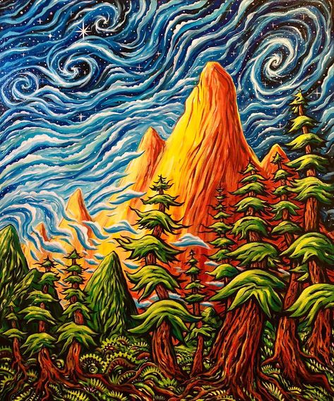 24”x20” Acrylic on canvas (Sold) #chrissukutart #painting #dreams #mystic #mountain #modernart #psychedelicart #journeys Trippy Mountain Art, Trippy Mountain Painting, Trippy Acrylic Painting Ideas, Trippy Mountains, Mystic Mountain, Trippy Painting, Crow Art, Native American Crafts, Scene Image