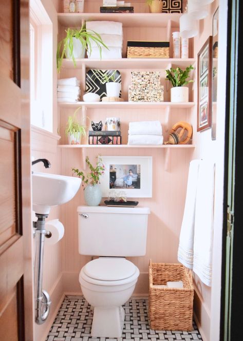 Blush Walls Bathroom, Powder Room Reno, Pink Powder Room, Cloakroom Ideas, Toilet Shelves, White Marble Floor, Dark Wood Cabinets, Living Room Redo, Pink Powder