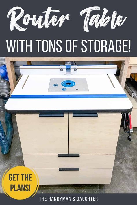 Build this DIY router table for your workshop! It features tons of storage space for router bits and accessories, and it rolls under the workbench when you're done! Get the woodworking plans for this router table stand, plus the rest of the miter saw station projects, at The Handyman's Daughter! Router Table Cabinet Plans, Mobile Router Table, Make A Router Table, Router Cabinet, Using A Router Table, Diy Shaker Cabinet Doors, Router Table Top, Diy Shaker Cabinets, Build A Router Table