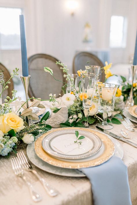 Yellow and Blue French Country Wedding Reception Style Pale Yellow Weddings, Blue Yellow Weddings, Yellow Wedding Decorations, Blue Taper Candles, Lavender Cocktail, French Country Wedding, Yellow Wedding Theme, Modern French Country, Wedding Decoration Ideas