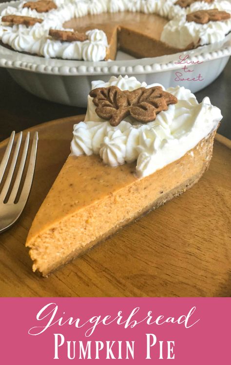 A traditional pumpkin filling inside a spiced gingerbread crust, topped with fresh whipped cream. Ginger Pie Crust, Pumpkin Pie Gingerbread Crust, Ginger Crust Pumpkin Pie, Ginger Cookie Pie Crust, Gingerbread Pumpkin Pie, Topping For Pumpkin Pie, Gingerbread Crust Pie, Pumpkin Pie With Gingerbread Crust, Ginger Pumpkin Pie