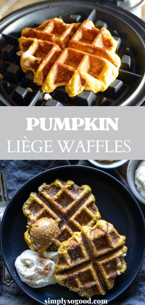 It’s pretty easy to fall in love with Belgian Pumpkin Liège waffles. Liège waffles are tiny and rich made from buttery yeast dough with large pearl size sugar folded inside. The large pearls of sugar caramelize and form a delicious crunch to these, brioche-like, pumpkin spiced waffles. Pumpkin Spice Waffles, Spiced Whipped Cream, Liege Waffle, Pumpkin Syrup, Yeast Dough, Pumpkin Waffles, Winter Desserts, Belgian Waffles, Recipe From Scratch