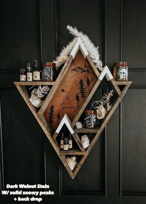 Nursery Wood Wall, Shelf Altar, Mountain Shelf, Crystal Shelf, Triangle Shelf, Crystal Shelves, Witchy Things, Wooden Projects, Wood Creations