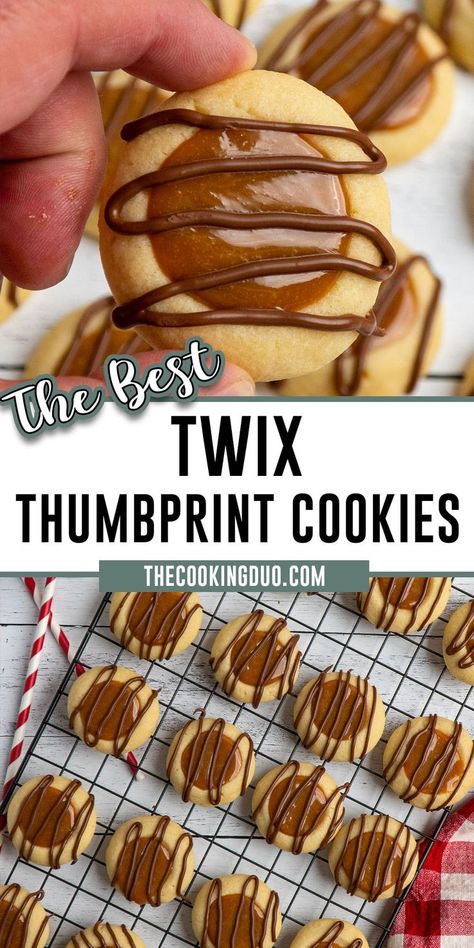 A hand holding a Twix thumbprint cookie and more on a baking rack. Christmas Baking Squares, Xmas Baking Recipes, Bake Sale Cookies, Simple Sugar Cookies, Easy Holiday Baking, Bake Sale Treats, Christmas Cookie Recipes Holiday, Twix Bars, Thumbprint Cookies Recipe