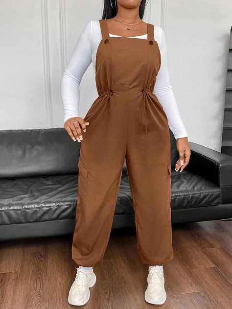 Coffee Brown Casual Collar Sleeveless Woven Fabric Plain Overall Embellished Non-Stretch  Women Plus Clothing Plus Zise, Overall Jumpsuit, Coffee Brown, Plus Clothing, Drawstring Waist, Woven Fabric, Overalls, Jumpsuit, Solid Color