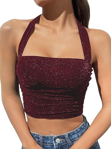 Amazon.com: OYOANGLE Women's Glitter Sparkly Sleeveless Tie Backless Ruched Crop Halter Tops Party Clubwear Burgundy X-Large : Clothing, Shoes & Jewelry Halter Tops, Halter Crop Top, Cami Tanks, Halter Top, Shoes Jewelry, Shoe Jewelry, Glitter, Clothes