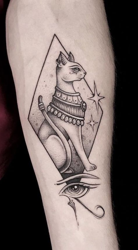 Bastet Tattoos: Meanings, Tattoo Designs & Ideas Bast Tattoo, Bastet Tattoo, Egyptian Cat Tattoos, Kitty Tattoos, Spiritual Tattoo, Egyptian Tattoo Sleeve, Universe Tattoo, Egypt Tattoo, Goddess Tattoo