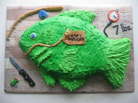 Fish Cake Carved fish cake iced with buttercream and foundant decorations. Got idea from jamiet on this site, thanks! Fish Cake Birthday, Fishing Birthday Party, 10 Birthday, Fathers Day Cake, Fishing Birthday, Fish Cake, Fishing Theme, Cakes For Boys, Birthday Party Cake