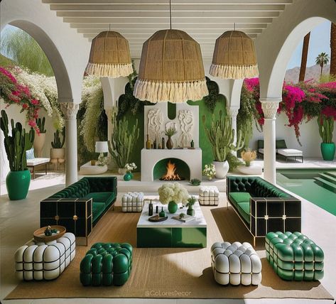 My @giLherrera twist of Mid-Century Modern Mexican Hacienda Outdoor Living with a Tulum Touch: Inspired by my hometown of Palm Springs/CoacheLLa Valley . At CoLores Decor Our team is constantly experimenting with textures & “WOW” styles for a UNIQUE statement design for any room…Introducing TOP 🇲🇽 MeXican Artisan Design & CATAPULTING our culture’s Talent through the vision of our founder, GiL Herrera @giLherrera ♥️ . We work with many Hotels, Restaurants, Interior Design Studios. We Can do CU... Modern Mexican Hacienda, Palm Springs Style Interior, Mexican Beach House, Restaurants Interior Design, Palm Springs Interior Design, Interior Design Studios, Palm Springs Interior, Restaurants Interior, Modern Mexican Home