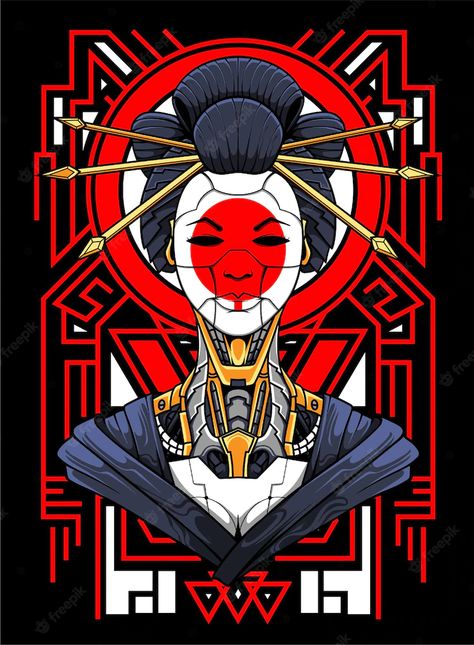 Premium Vector | Geisha mecha illustration vector art Mecha Illustration, Geisha Design, Asian New Year, Cyberpunk Tattoo, Japanese Background, Ocean Illustration, Love Japanese, Game Logo Design, Geometric Poster