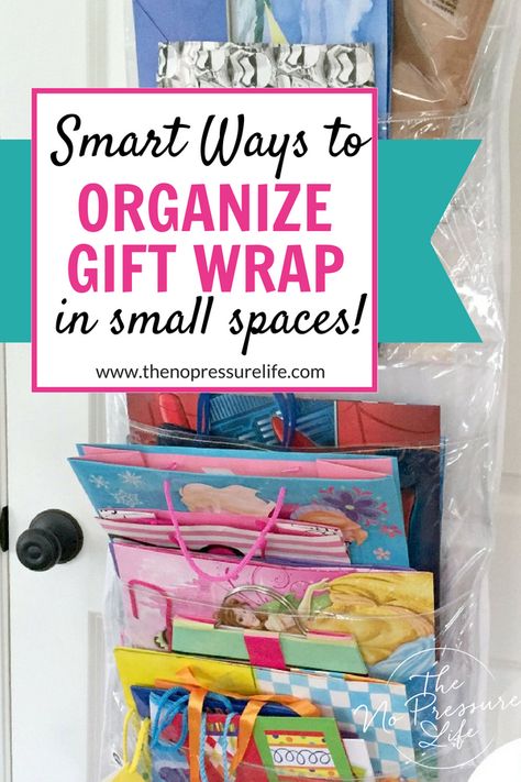 These are such easy gift wrap storage ideas, perfect for small spaces! Learn how to organize wrapping paper and gift bags with cheap products and a super simple DIY project. via @nopressurelife #organization #organizing #organize #organized #giftwrap #giftwrapping  via @nopressurelife Gift Bag Organization Storage, Gift Wrap Storage Ideas, Organize Wrapping Paper, Paper Storage Ideas, Bag Storage Ideas, Craft Storage Ideas For Small Spaces, Wrap Storage, Gift Bag Organization, Gift Bag Storage