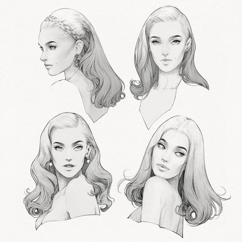 Sketch: Old Hollywood Glamour on Behance Alex Tang, Kasut Wanita, Hair Illustration, 얼굴 드로잉, Hair Sketch, Long Wavy Hair, Hair Reference, Old Hollywood Glamour, Drawing Lessons