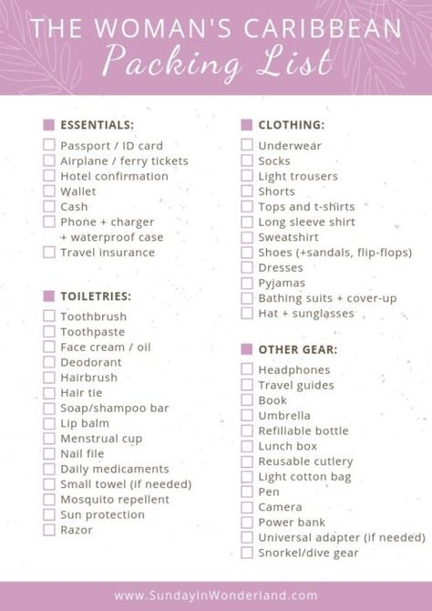 Caribbean Packing List: How to Pack for Fabulous Vacation [+printable!] Caribbean Packing List, Caribbean Cruise Packing List, Honeymoon Caribbean, Cruise Packing List Caribbean, List Infographic, Caribbean Cruise Packing, Cruise Outfits Caribbean, Beach Packing List, Weekend Packing List