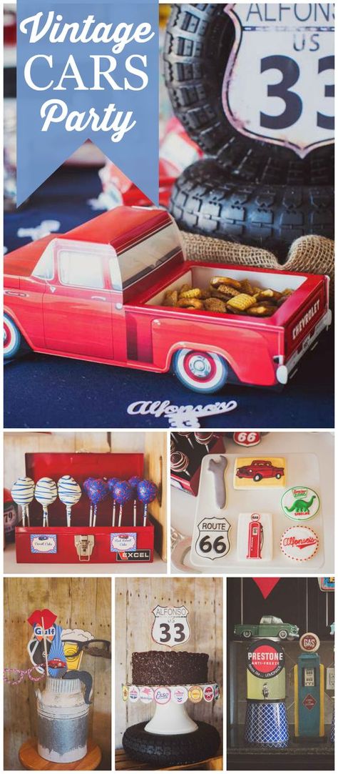 Check out this vintage garage party! Amazing details! See more party planning ideas at CatchMyParty.com! Classic Car Party Ideas, Classic Truck Birthday Party, Im Not Old Im Classic Birthday Party, Vintage Truck Birthday Party, Vintage Car Party Theme, Classic Car Baby Shower Theme, Vintage Car Baby Shower Theme, Vintage Truck Party, Vintage Car Themed Birthday Party