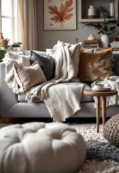 Grey Couch Living Room Warming Up Grey Couch, Grey Couch Pillow Ideas, Grey Couch Living Room Ideas, Cozy Cushions, Couch Living Room Ideas, Gray Couch, Beige Comforter, Comfortable Living Room, Grey Couch