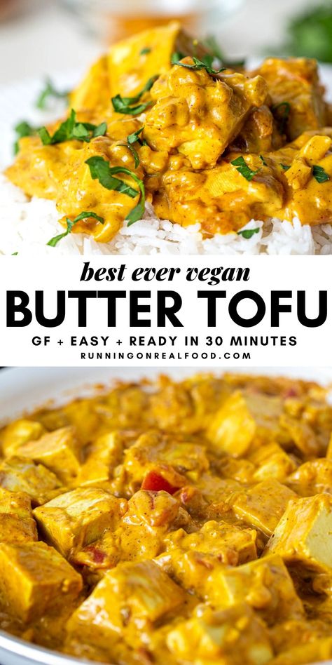 This gluten-free and vegan butter chicken is made with tofu instead of chicken and wonderfully rich cashew cream instead of dairy. Serve over rice for a hearty, filling and flavourful plant-based meal. Easy Vegan Butter, Ayam Mentega, Butter Tofu, Vegan Butter Chicken, Pasti Fit, Vegan Tofu, Butter Chicken Recipe, Tofu Recipes, Vegan Cooking