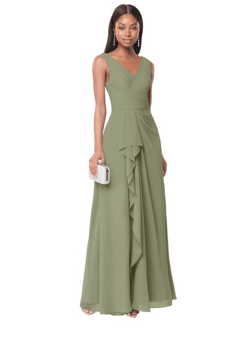 Julianna is a floor-length style with an A-line cut. Made with chiffon, this dress features cascading ruffled v-neckline. This bridesmaid dress is available in full-size range (A0-A30) and custom sizing. A Line Cut, Chiffon Bridesmaid Dresses, Chiffon Bridesmaid, Color Style, Pistachio, Bridesmaid Dress, Bridal Party, Floor Length, Favorite Color