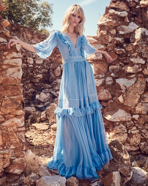 Ladylike Dress, Chiffon Ruffle Dress, Long Blue Dress, French Retro, Lotus Leaf, Runway Dresses, Chiffon Ruffle, Chiffon Maxi, Chiffon Maxi Dress