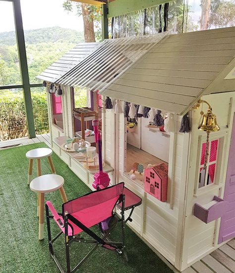 Joining two Kmart cubbies. Kmart cubby hack Playhouse Remodel, Kmart Cubby, Cubby House Ideas, Playhouse Makeover, Kids Cubby Houses, Mini Cottage, Kids Cubbies, Kids Play Equipment, Kmart Hacks