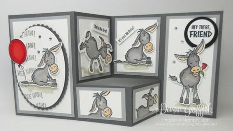 Dawn Stamping Thoughts Tutorials, Dawns Stamping Thoughts Tutorials, Stampin Up Darling Donkeys Cards, Easy Fold Cards, Fun Fold Cards Tutorials, Donkey Cards, Dawns Stamping Thoughts, Tarjetas Pop Up, Fancy Fold Card Tutorials