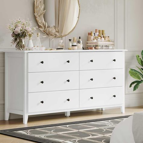 Hasuit 6 Drawer Double Dresser, 55.3'' Long Dresser Chest of Drawers, Large Capacity Solid Wood Storage Cabinet, White Dresser for Bedroom, Living Room, Hallway (Modern White) Bedroom Dresser Big, Long Chest Of Drawers Bedroom, Long Dressers Bedroom, White Dresser Bedroom, White 6 Drawer Dresser, Hallway Modern, Minimalist Bedroom Furniture, Dresser Modern, Wood Storage Cabinet