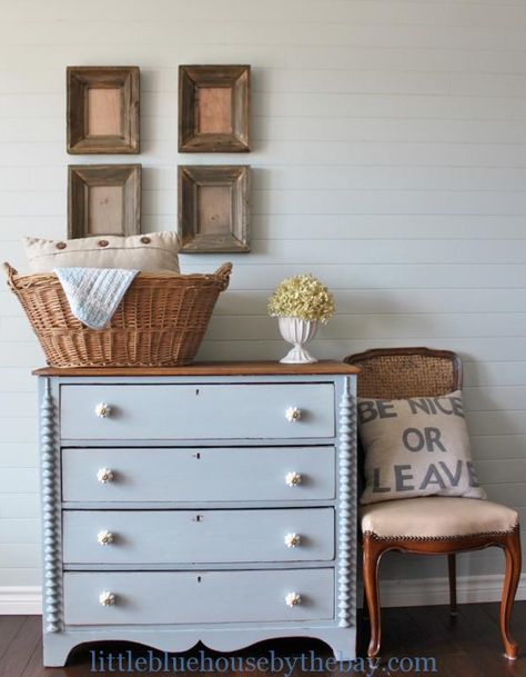 Little Blue House by the Bay Light Blue Dresser, Nightstand Painted, Blue Nightstand, Dresser Light, Milk Paint Furniture, Dresser Wood, Blue Dresser, Painted Cupboards, Upscale Furniture