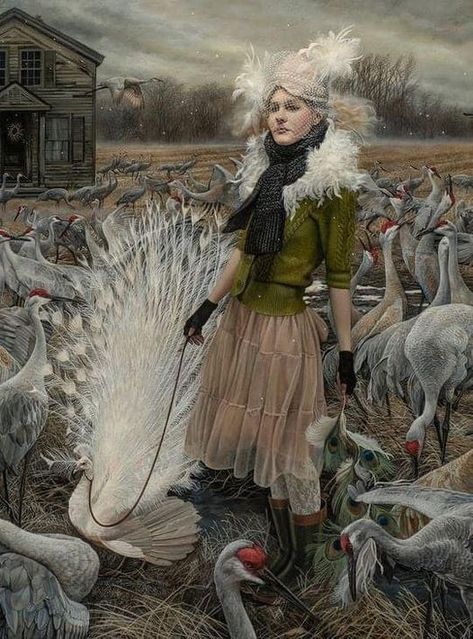 Acrylic on canvas 36 x 60 in (91.4 x 152.4 cm) A Michigan native, Andrea Kowch cites the Midwestern landscape as the prime inspiration for her work. Kowch's charming, haunting scenes have been compared to the work of Andrew Wyeth and Alfred Hitchcock. Like Wyeth, Kowch paints in a realist style, using rural settings ,, and as in Hitchcock's films, the scenes Kowch depicts are not what they seem; mysterious plots and backstories seem to lurk below the surface. Andrea Kowch, Magic Realism, Realism Painting, American Painting, Art Et Illustration, Art And Illustration, Fine Art Gallery, Figure Painting, American Artists