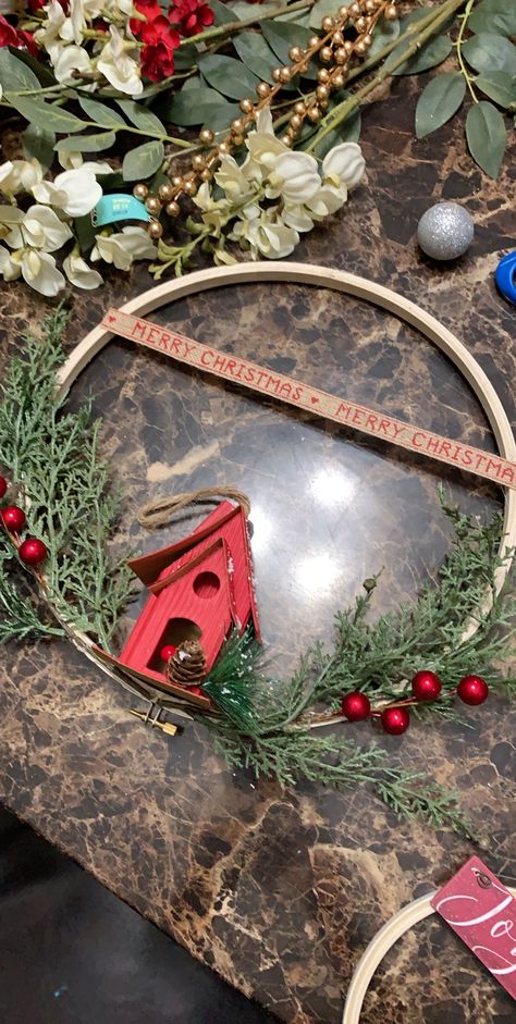 Embroidery hoop wreath Christmas DIY Embroidery Hoop Christmas Decor, Wooden Hoop Crafts, Embroidery Hoop Christmas Wreath, Hoop Wreath Christmas, Wreath Christmas Diy, Hoop Christmas Wreath, Embroidery Hoop Christmas, Embroidery Hoop Wreath, Beaded Wreath