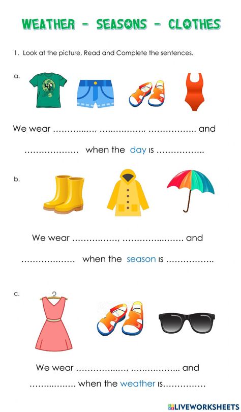 Seasons And Clothes Worksheet, Clothes Worksheet, Seasons Worksheets, Hello Kitty Printables, Weather Seasons, Reading Centers, English As A Second Language (esl), Vocabulary Worksheets, Classroom Rules