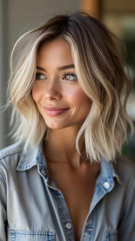 30 unwiderstehliche kinnlange Frisuren für den Herbst, die deine Schönheit unterstreichen und einfach zu stylen sind. Finde deinen neuen Lieblingsschnitt! #Haarinspiration #Herbstfrisuren #Kinnlang Lob Hairstyle Blonde, Blond Bobs For Fine Hair, Bob On Fine Hair, Platinum Hair With Dimension, Bob Hairstyles For Fine Hair Round Face, Bob For Thick Hair Round Face, Lob For Round Face Fine Hair, Fall Lob Hairstyles, Pixie Cut Thick Hair Round Face