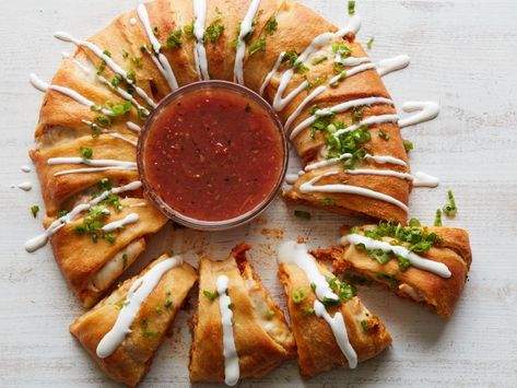 Enchilada Crescent Ring Recipe | Food Network Kitchen | Food Network Enchilada Ring, Enchilada Filling, Big Game Appetizers, Crescent Ring Recipes, Perfect Snacks, Mini Hamburgers, Cheesy Chicken Enchiladas, Mexican Appetizers, Jalapeño Poppers