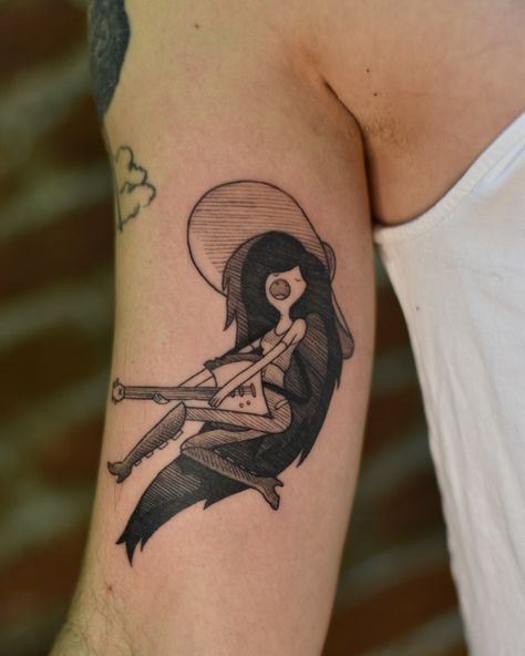 Blackwork etching style tattoo of cartoon character marceline the vampire adventure time illustration tattoos by Alexandyr valentine made at Parliament house studio in Brisbane Australia Marceline The Vampire Queen Tattoo, Pb And Marceline Tattoo, Bubbline Tattoo, Adventure Time Tattoo Sleeve, Adventure Time Marceline Tattoo, Adventure Time Tattoo Ideas Marceline, Marceline Guitar Tattoo, Marceline Bass Tattoo, Marceline Tattoo Ideas