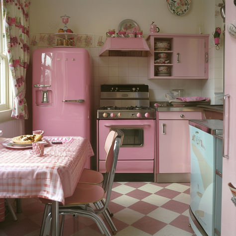 Pink Retro 50's kitchen with Pink Refridgertor, oven, and cabinets Pink Utensils, Pink Kitchen Designs, Retro Pink Kitchens, Pink Kitchen Ideas, Pink Kitchens, Pink Cabinets, 50s Kitchen, Apartment Kitchen Ideas, Yellow Cabinets