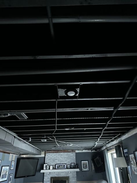 Drop Ceiling Tiles to Exposed Basement Ceiling ⋆ Growing Up Kemper Exposed Basement Ceiling Painted Black, Basement Ceiling With Access, Drop Ceiling Removal, Black Ceiling Black Walls, Removing Drop Ceiling Basement, Black Exposed Ceiling Basement, Painting Exposed Basement Ceiling, Painted Open Basement Ceiling, Drop Down Ceiling Ideas